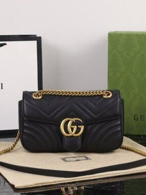 Gucci Black Leather GG Marmont Bag with Gold Chain
